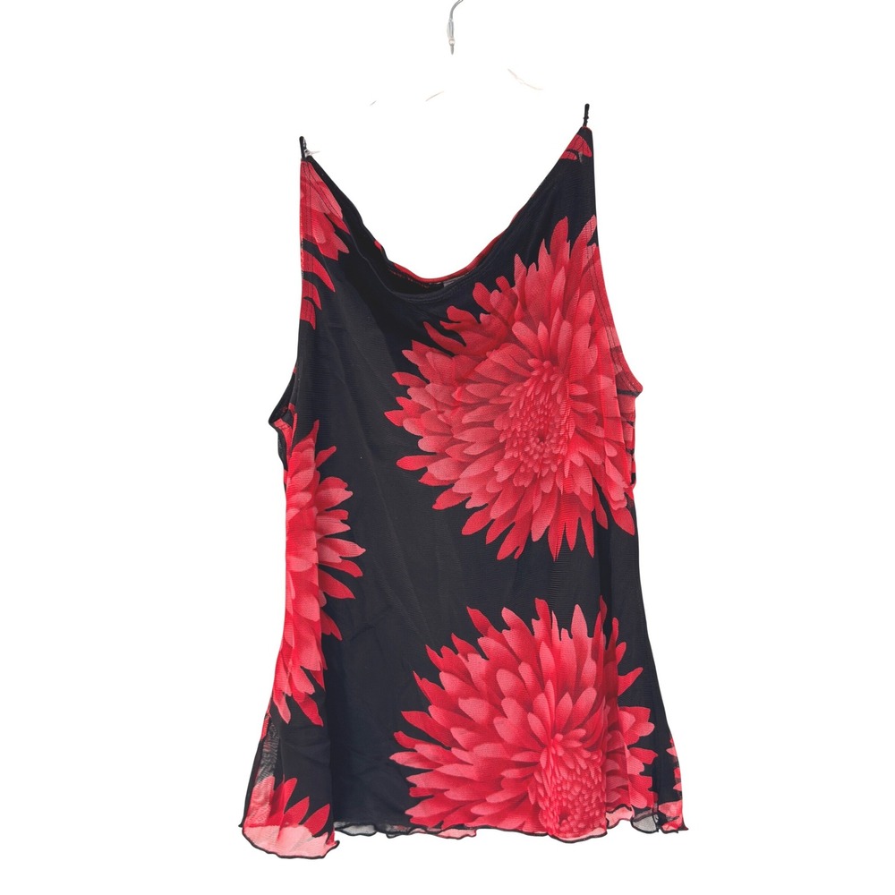 Women's Floral Mesh Cami Top Red Dahlia Black Sheer Lettuce Hem Vamp Medium